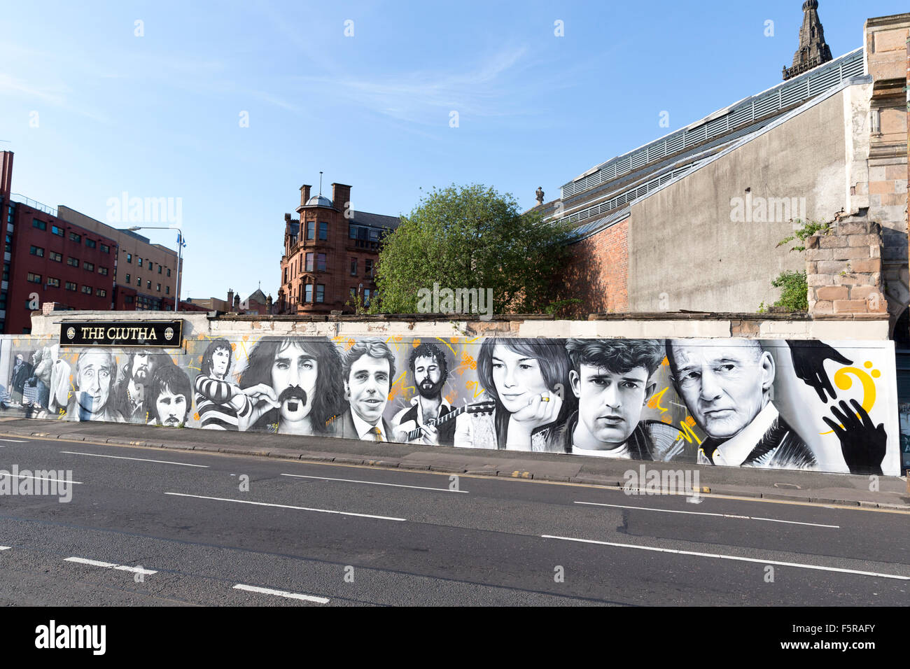 GLASGOW, Scotland. 11 June 2015: The Mural, featuring Spike Milligan & Frank Zappa, at the remains of the Clutha Bar, Glasgow Stock Photo