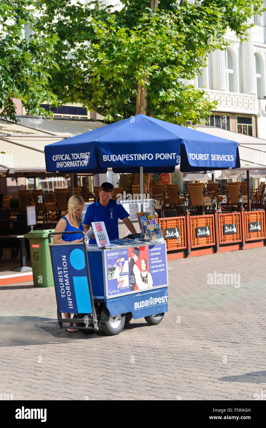 A mobile Tourist Information Center manned by a young couple in the City of Budapest, Hungary. Stock Photo