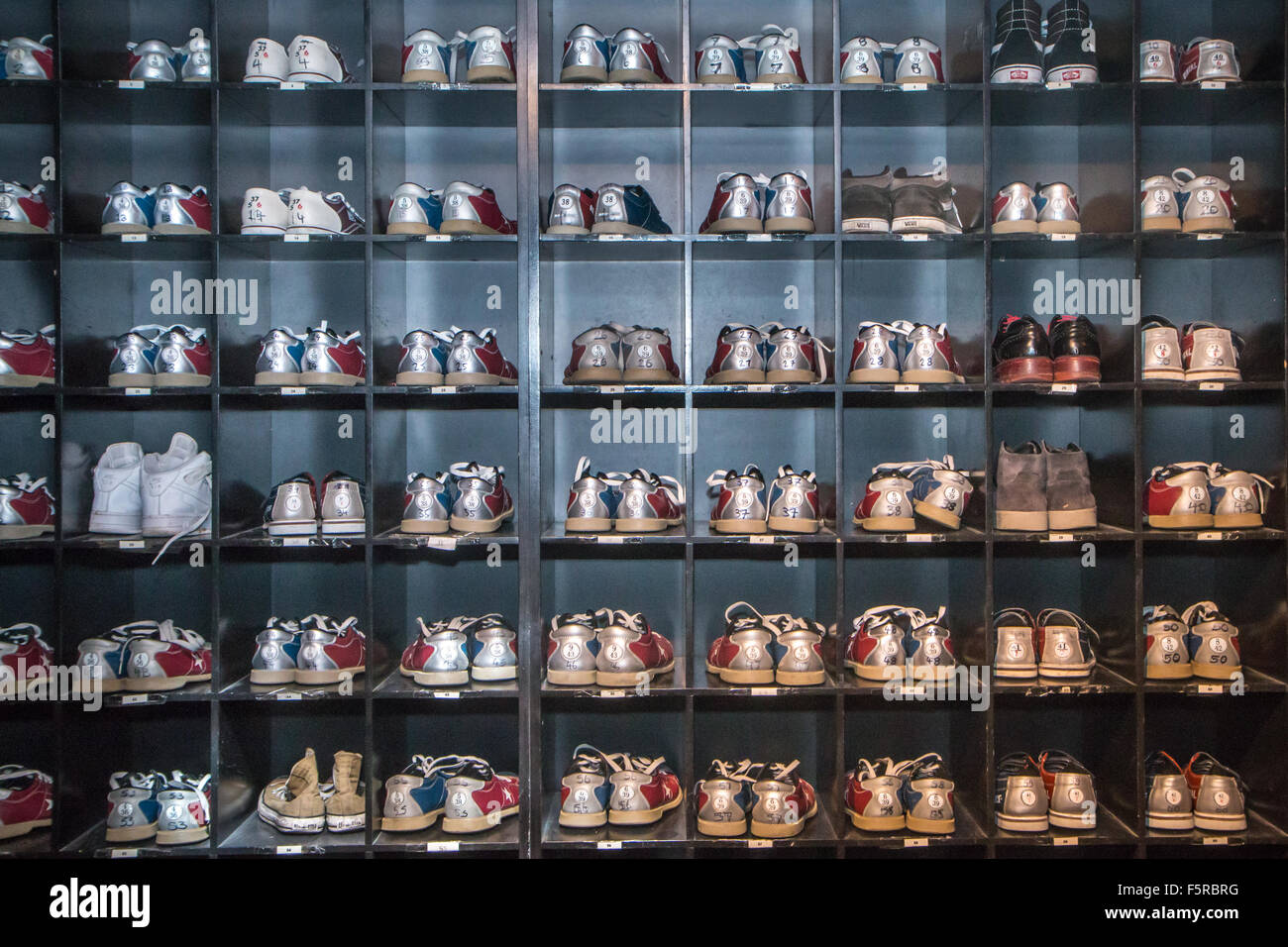 rack of bowling shoes Stock Photo