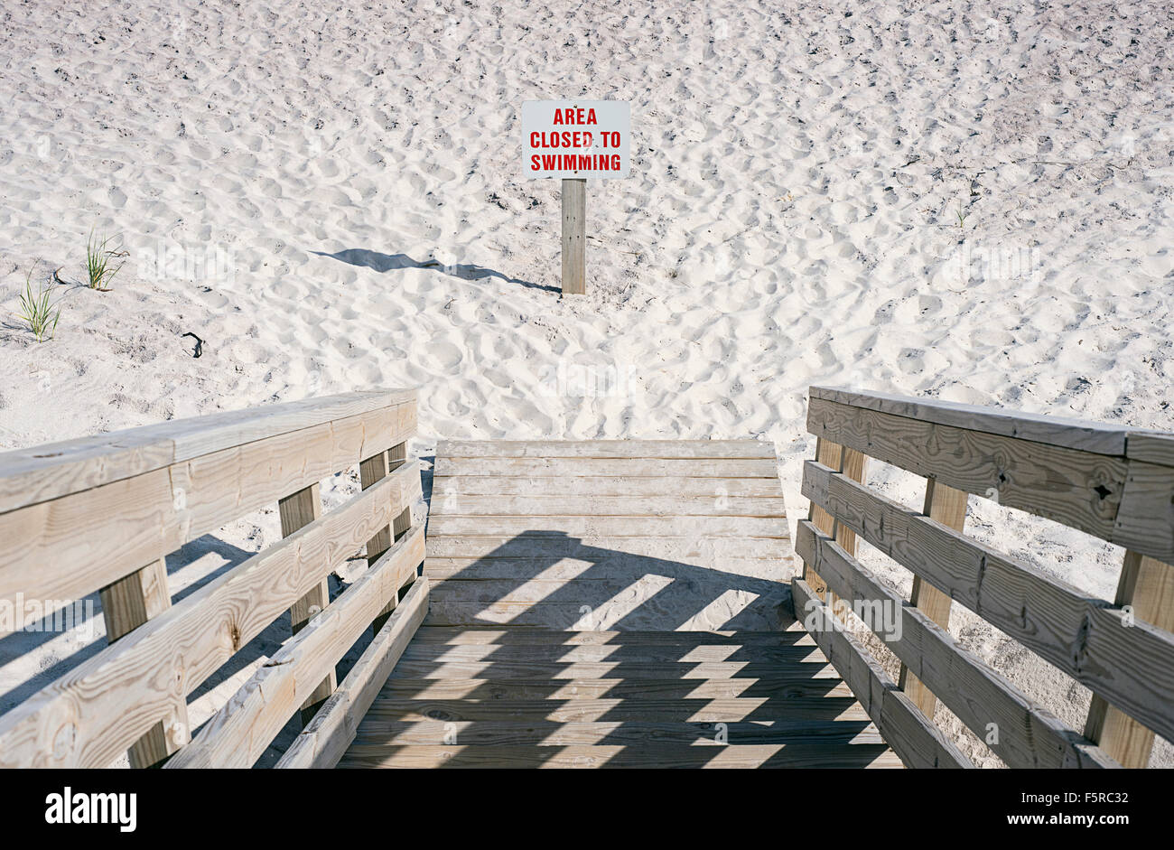 A beach sign on a Fire Island beach designating it closed to swimming. Stock Photo