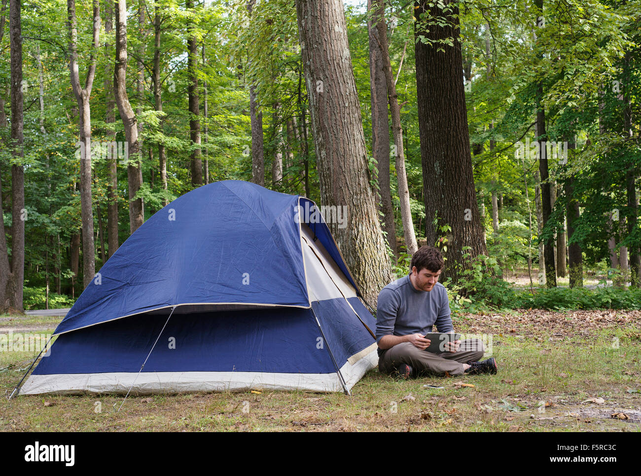 A man sitting in nature in the Catskills reading an ipad. Stock Photo
