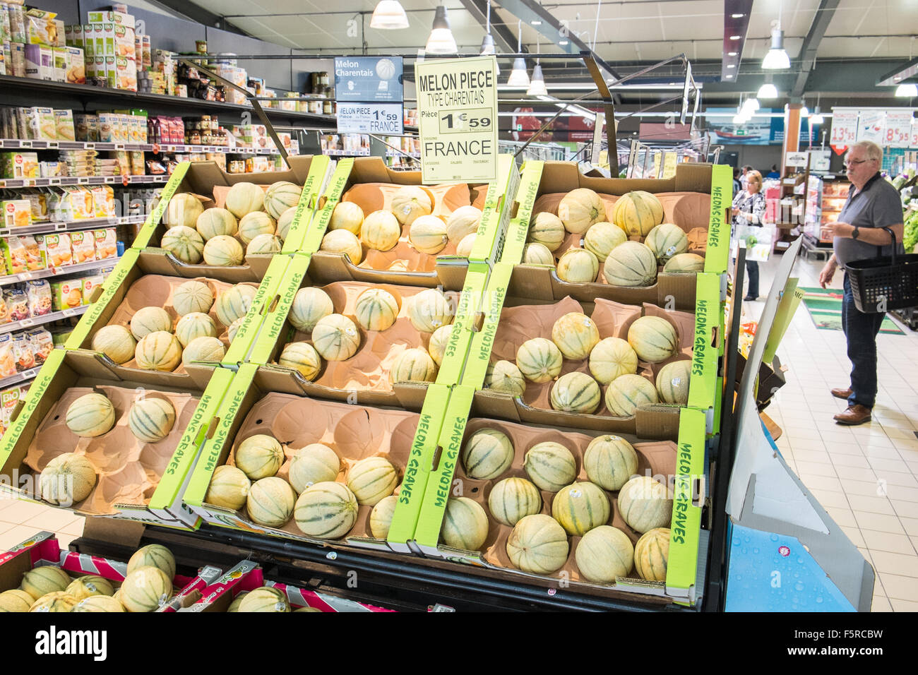 Melons, vegetables on display at InterMarche supermarket, Esperaza ...