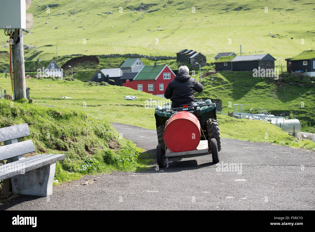 Oil barrel transport on Mykines on the Faroe Islands Stock Photo