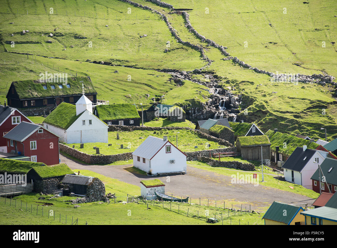 The village Mykines on the Faroe Islands as seen from the mountain Stock Photo