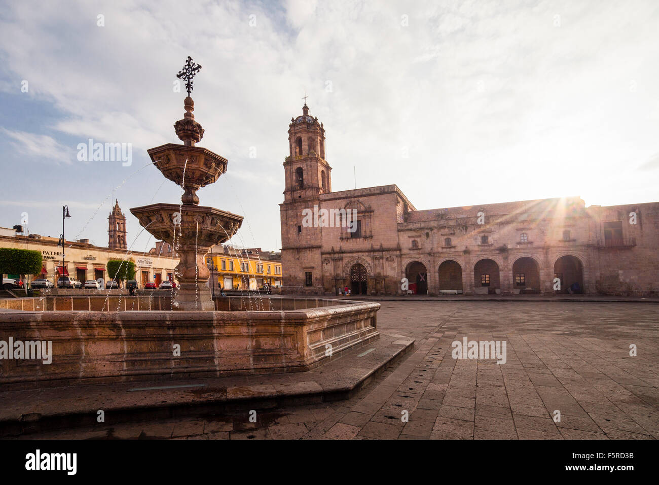 Early morning in the plaza of San Francisco Church in Morelia, Michoacan, Mexico. Stock Photo