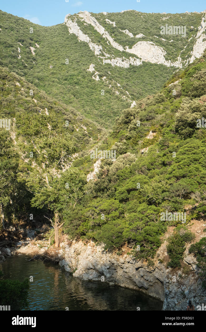 River running through gorge,south of Quillan in Aude,Galamus,Gorge,Gorges de,limestone,cliffs, Stock Photo