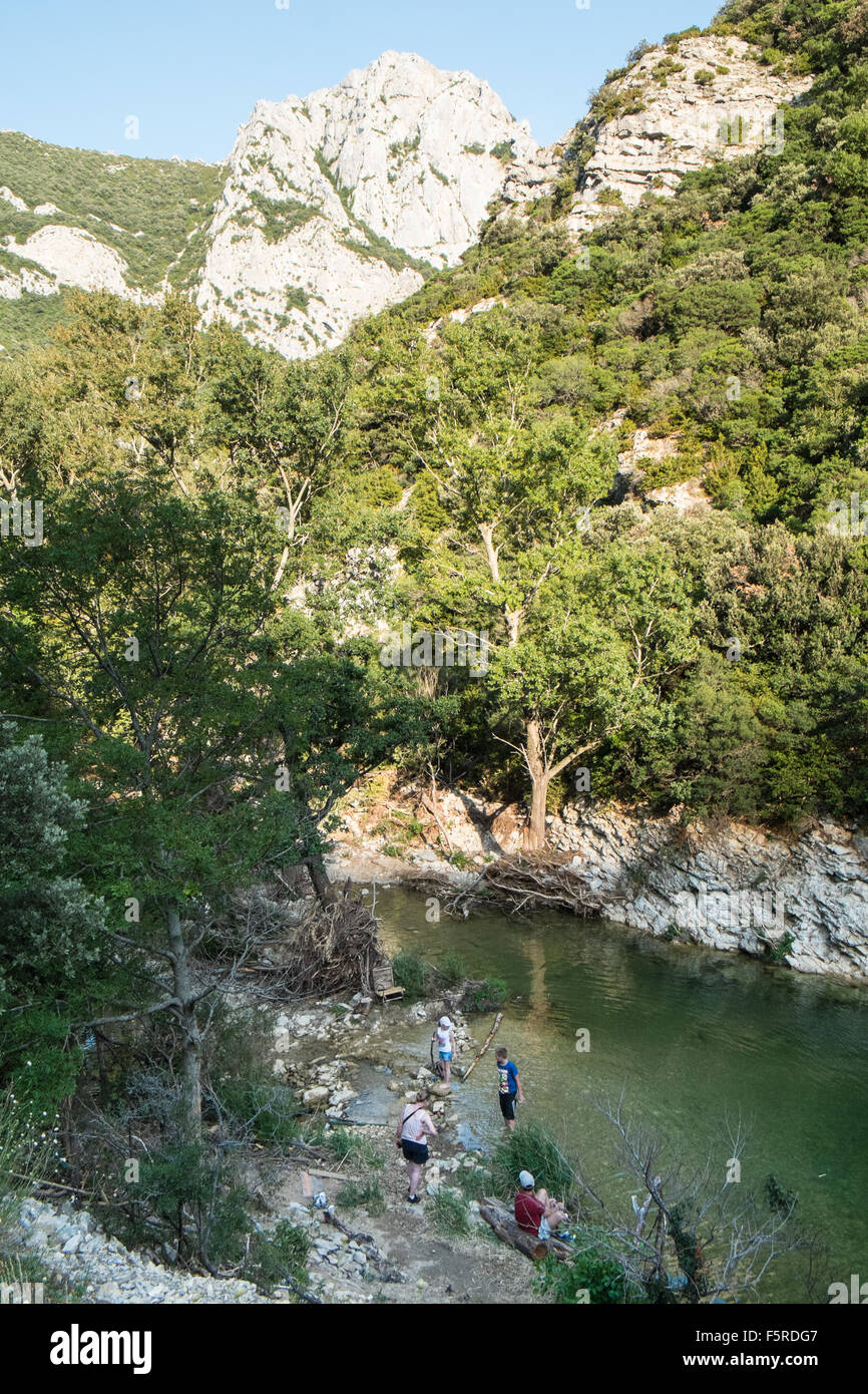 Swimming in river south of Quillan in Aude,Galamus,Gorge,Gorges de,limestone,cliffs, Stock Photo