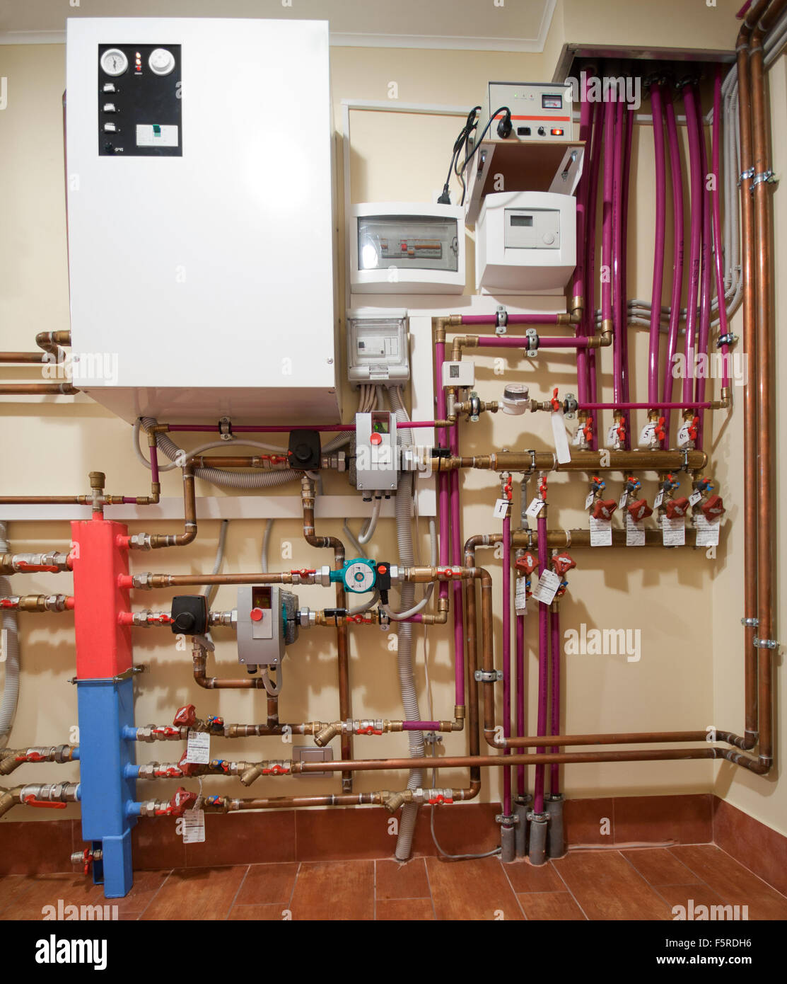 Complex heating system with boiler, tubes and valves Stock Photo Alamy