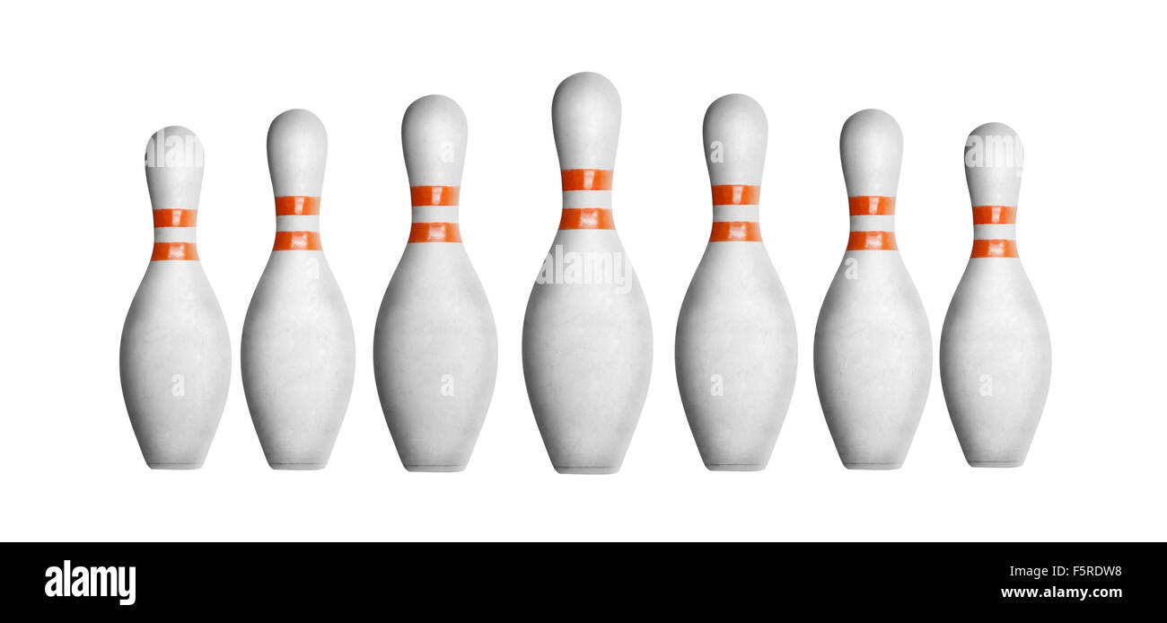 Bowling pins in a row isolated on white Stock Photo Alamy