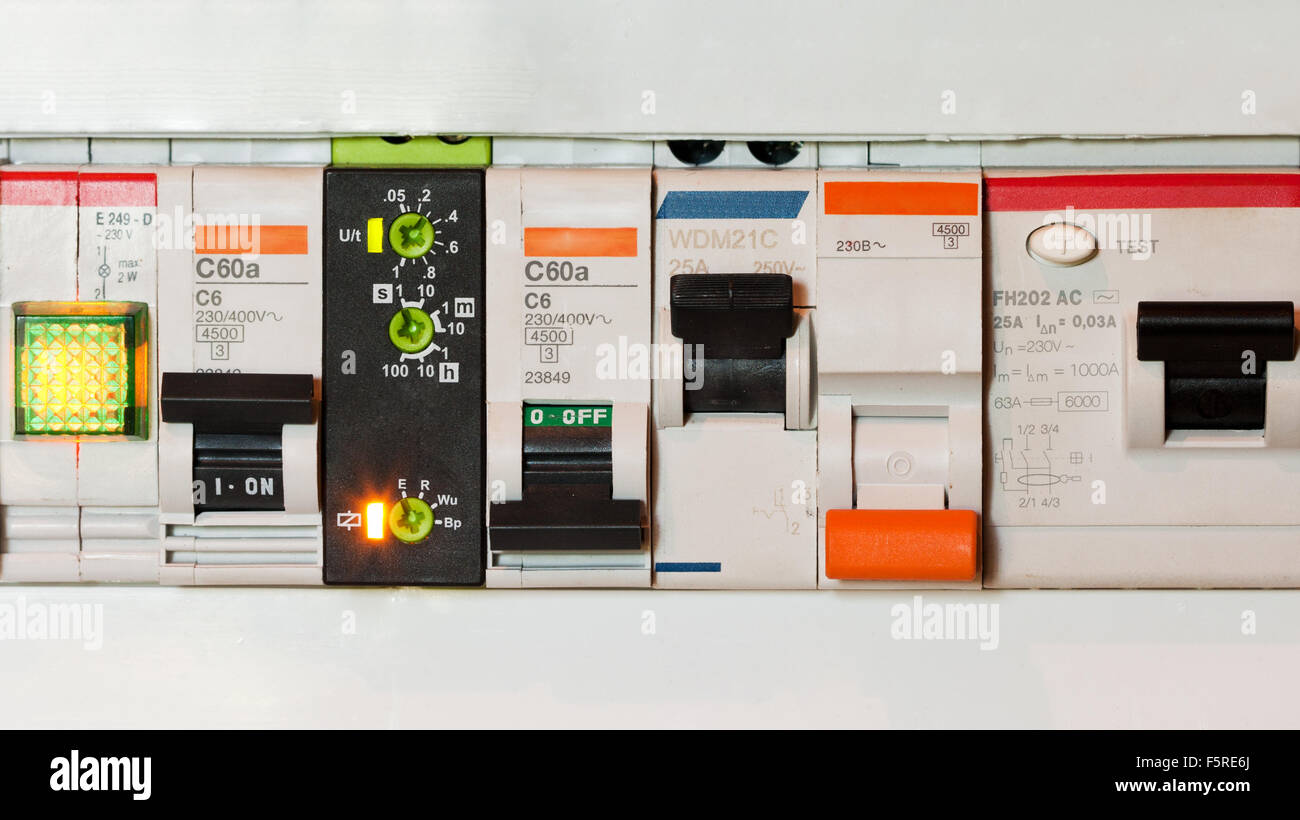 Electrical fuseboxes and components in control panels Stock Photo - Alamy