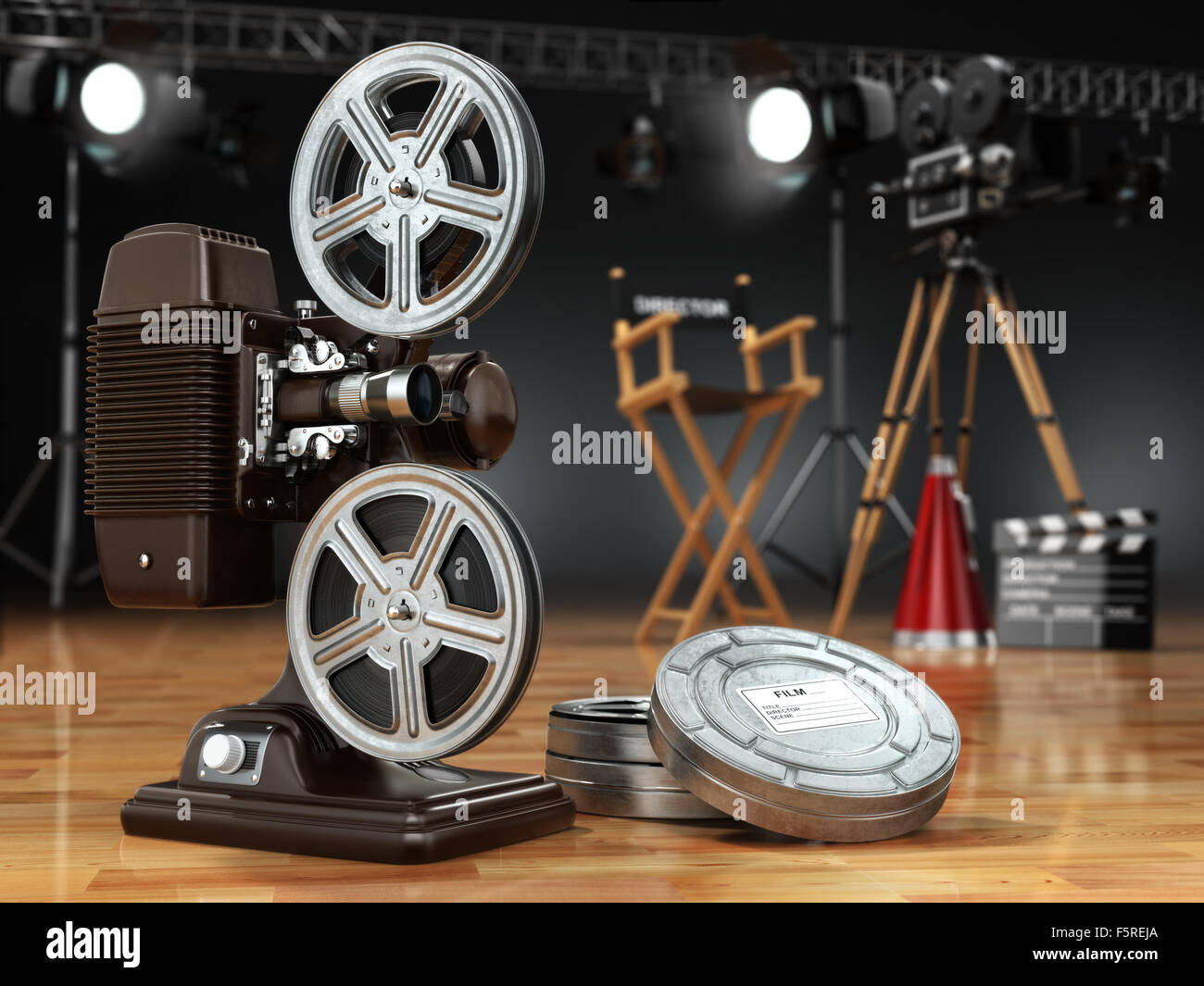 Video, movie, cinema concept. Vintage projector, retro camera, reels, clapperboard and director chair. 3d Stock Photo