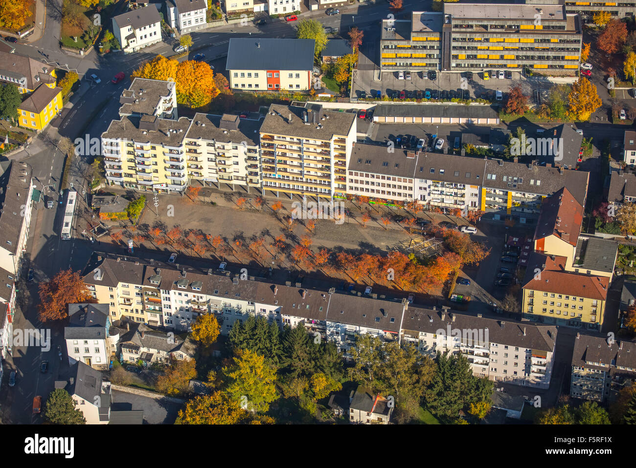 High rise buildings on Gutenberg Square, autumn, apartments, Arnsberg Sauerland North Rhine Westphalia Germany Europe aerial Stock Photo