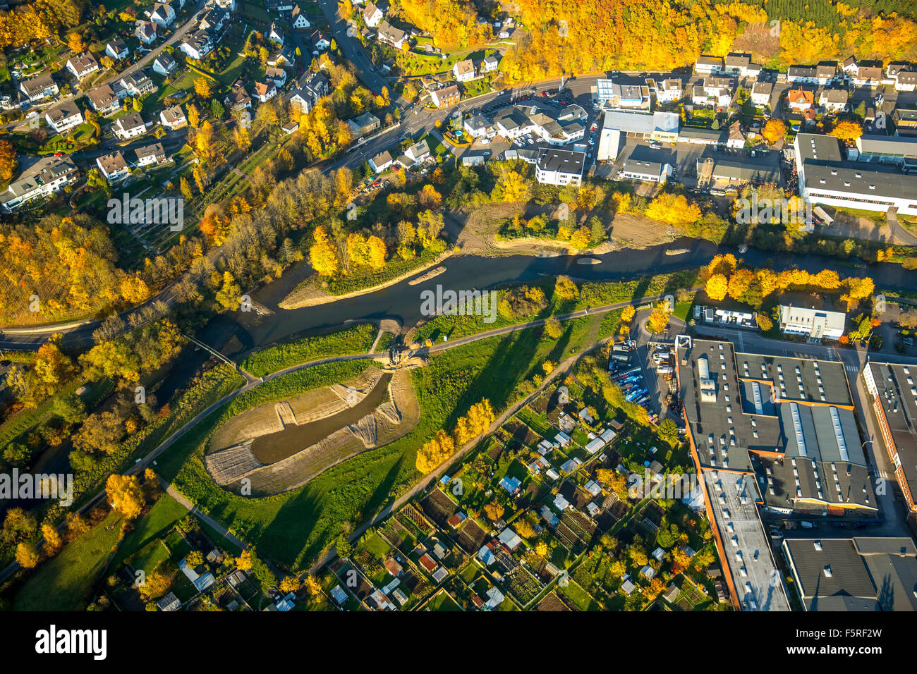 Bigge restoration, restoration of the river Bigge ranging quayside and federal road B236 rainwater retention basins flood basins Stock Photo
