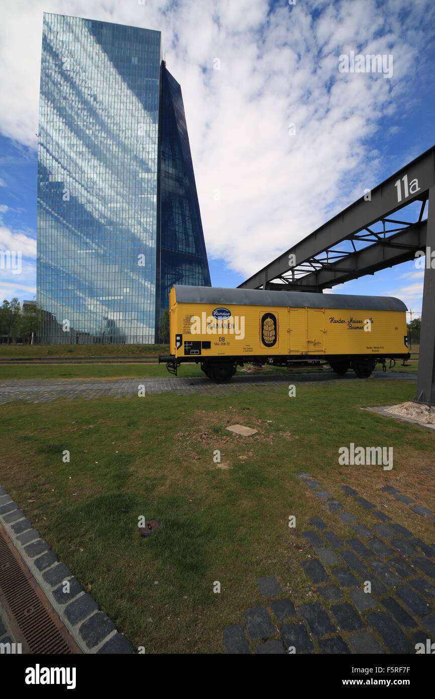 New European Central Bank with Banana Train Stock Photo