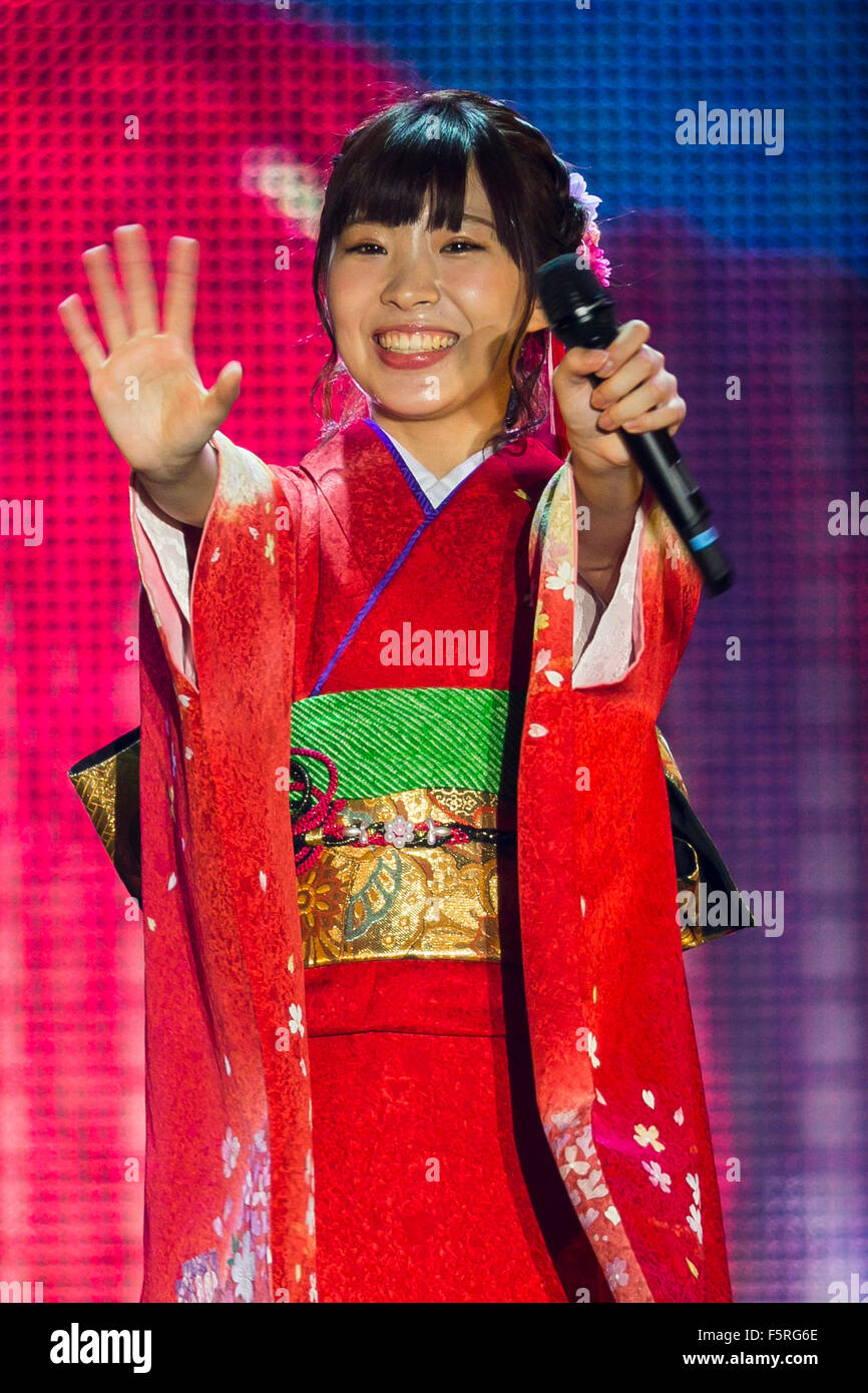 Misaki Iwasa, a member of the Japanese idol group AKB 48 greets to