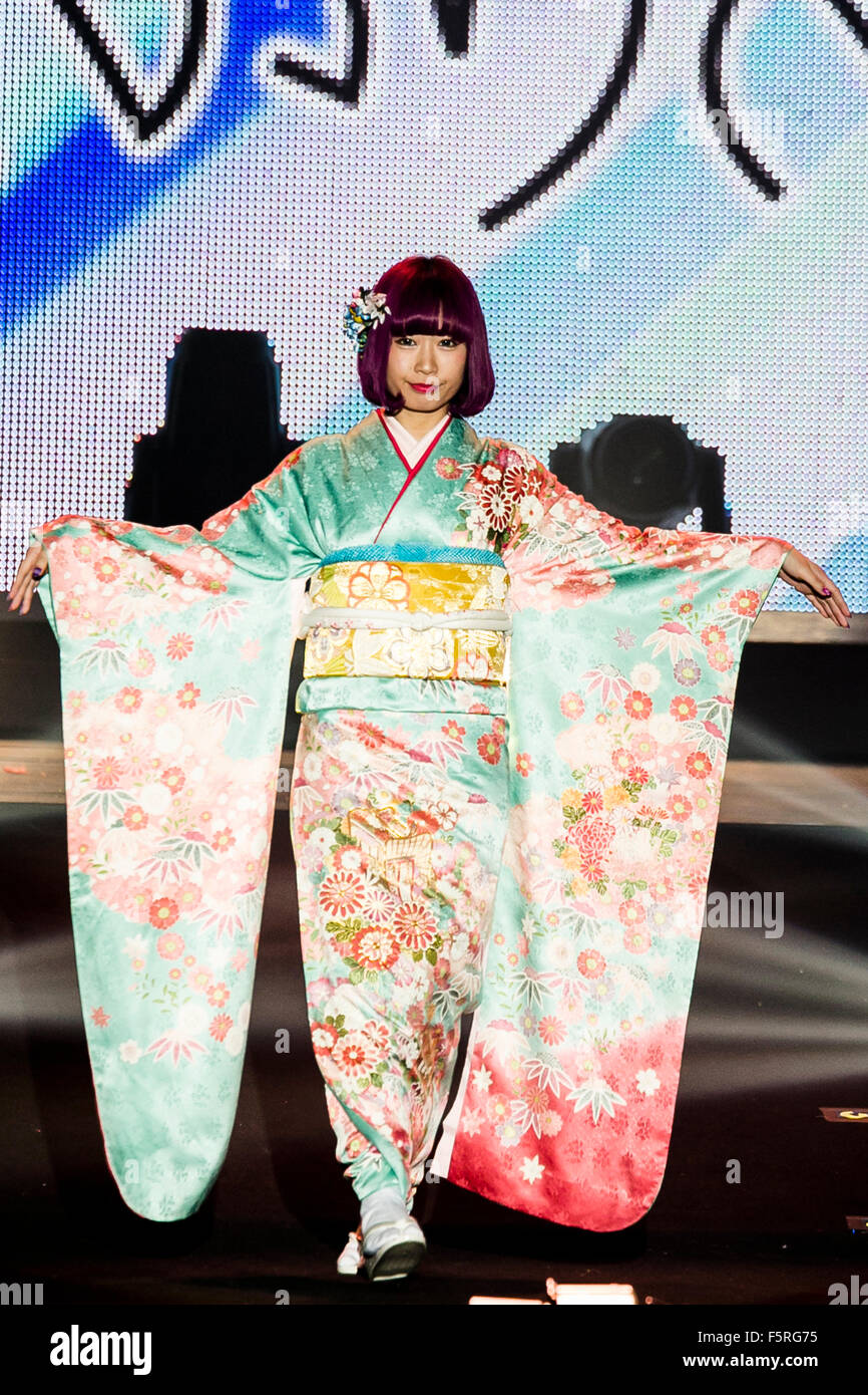 Model Makocho wearing Japanese kimono walks down the catwalk during the  ''Moshi Moshi Nippon Festival 2015'' on November 7, 2015 in Tokyo, Japan.  Japanese music stars and models attended the Moshi Moshi