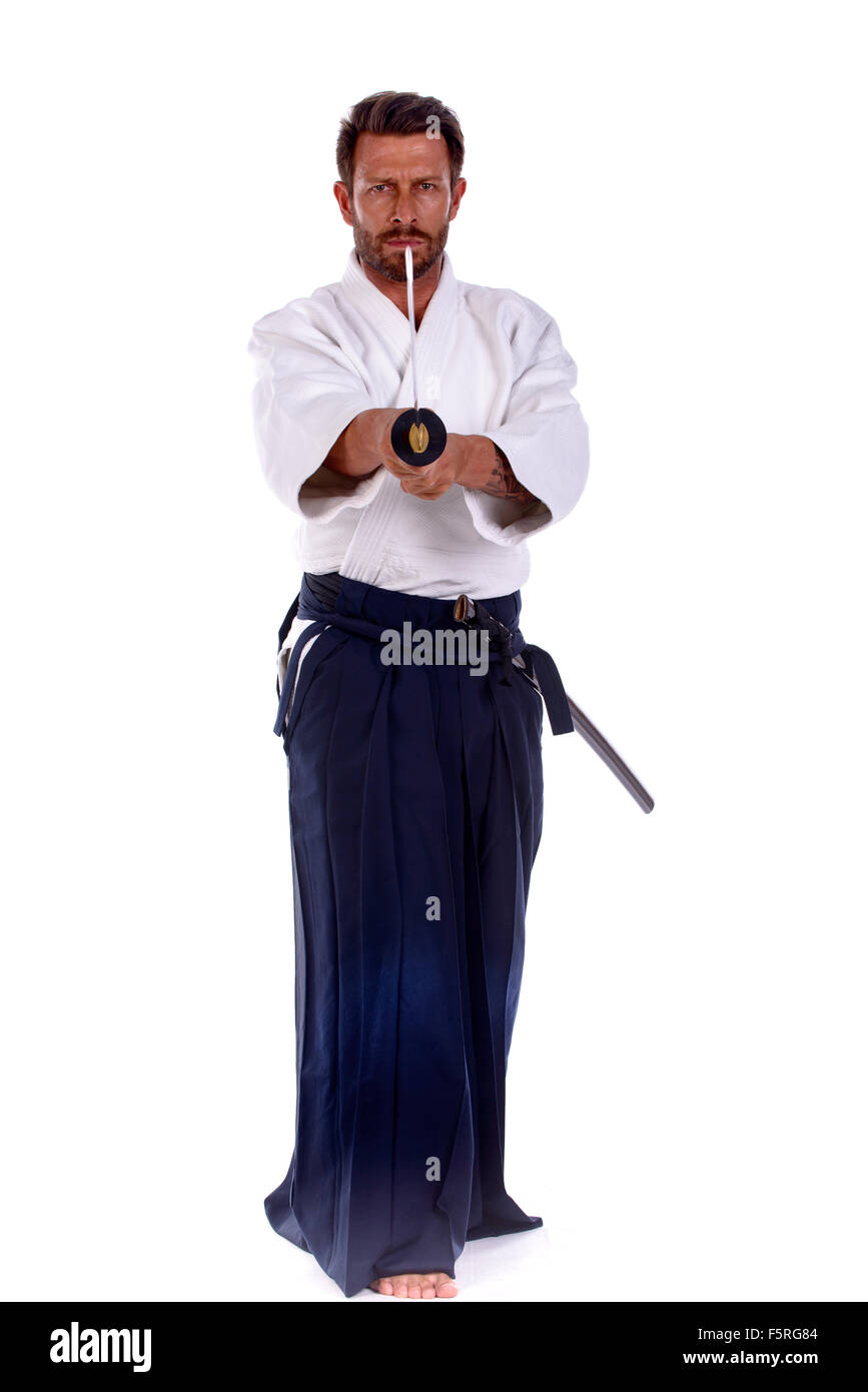 aikido master pointing thw sword Stock Photo Alamy