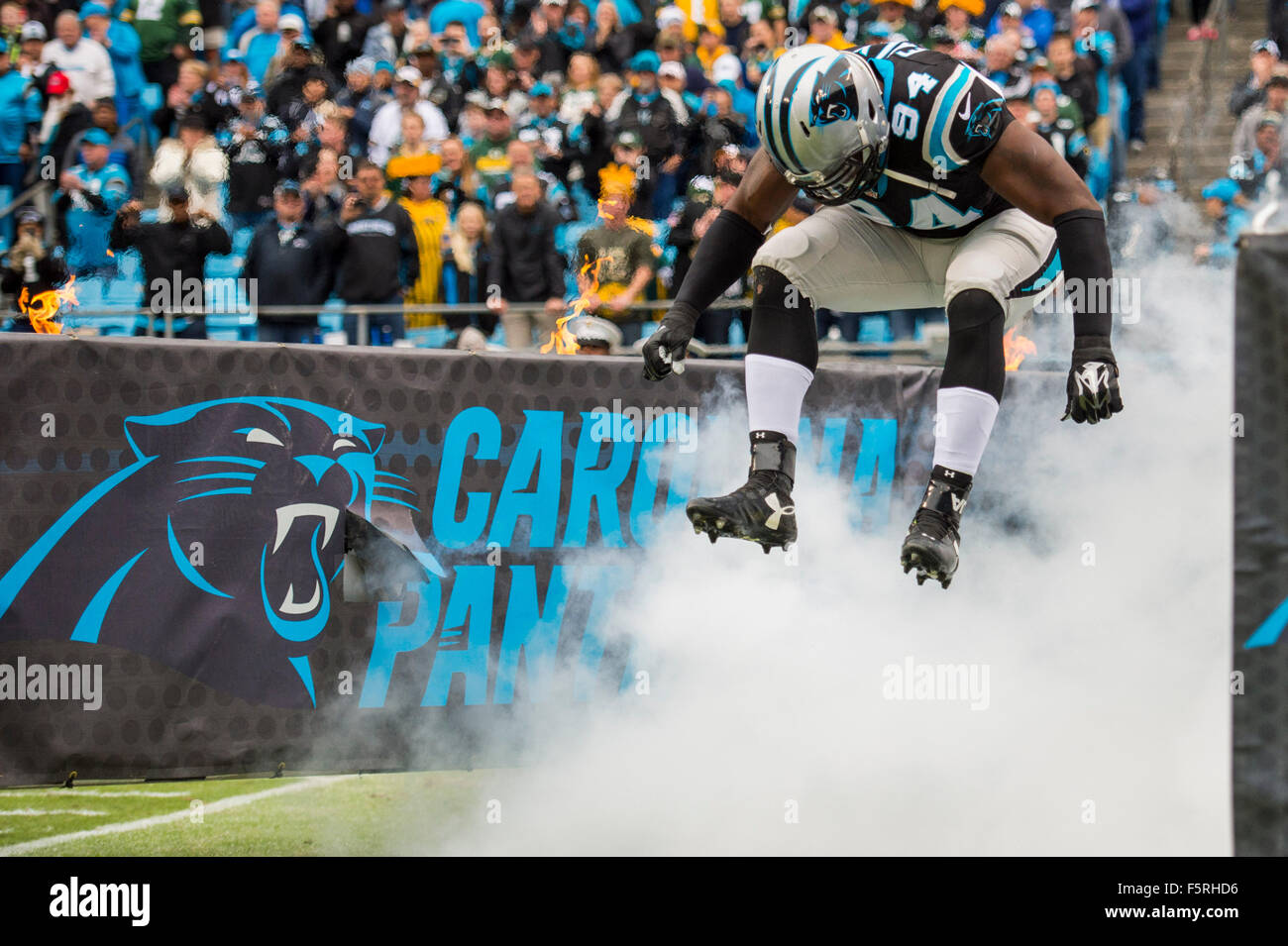 Carolina Panthers defensive end Kony Ealy (94) during play intros at the NFL football game between the Green Bay Packers and the Carolina Panthers on Sunday, Nov. 8, 2015 in Charlotte, NC. Jacob Kupferman/CSM Stock Photo