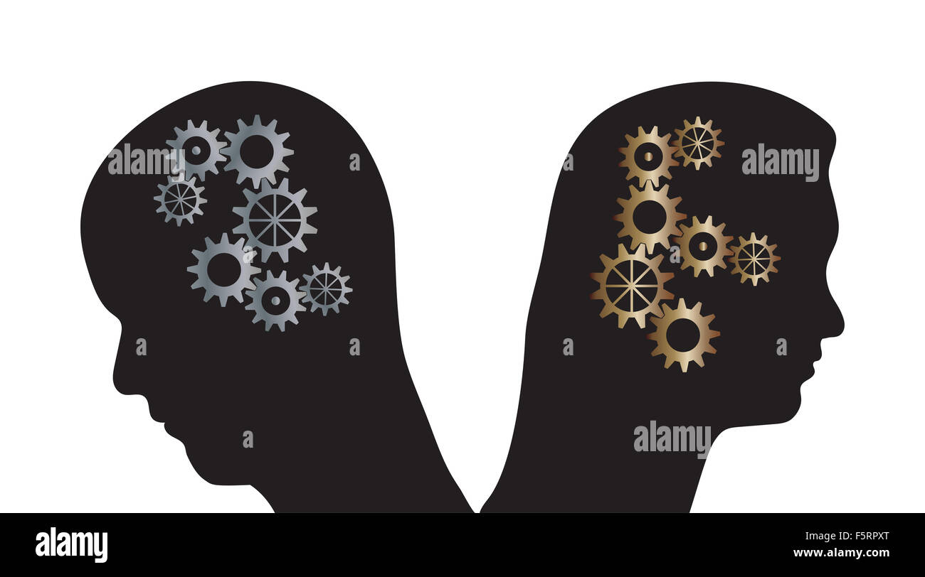 Vector illustration of man and woman silhouettes with cogs in their heads. Partnership problems metaphor. Stock Photo