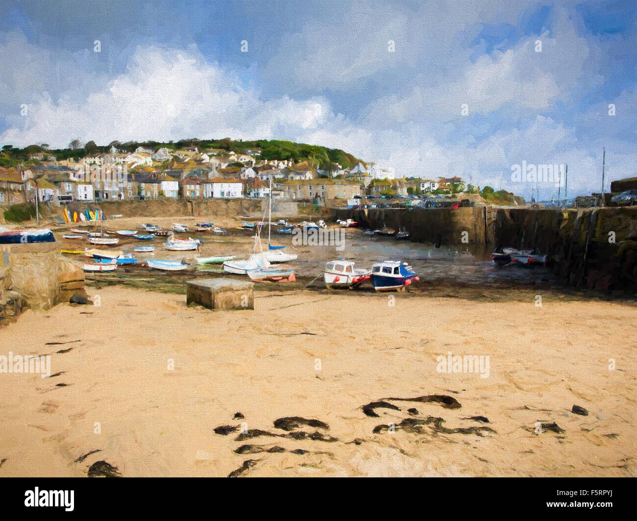 Mousehole harbour beach and boats Cornwall England Cornish fishing village blue sky and clouds illustration like oil painting Stock Photo