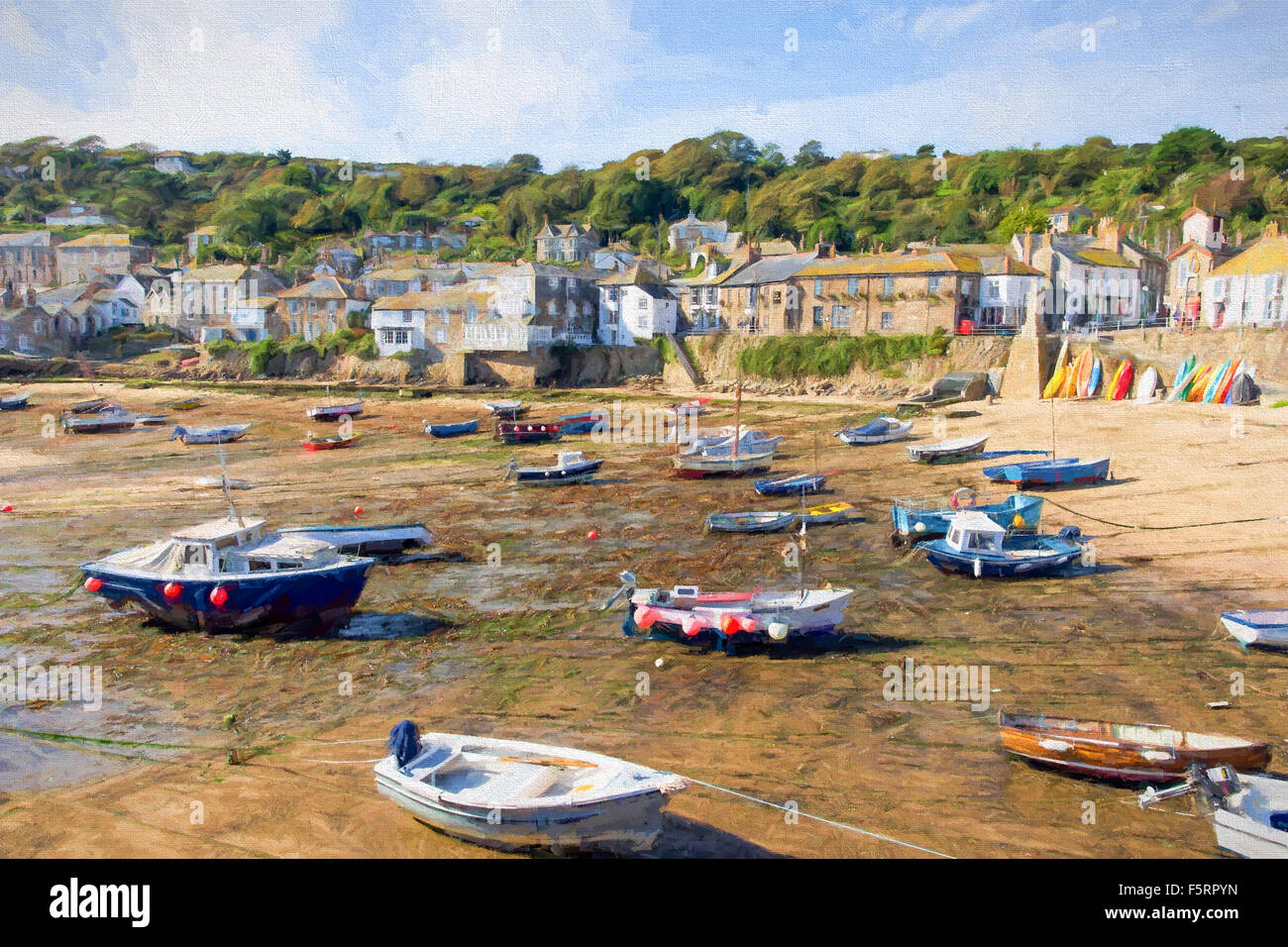 Mousehole harbour Cornwall England Cornish fishing village with boats blue sky and clouds illustration like oil painting Stock Photo