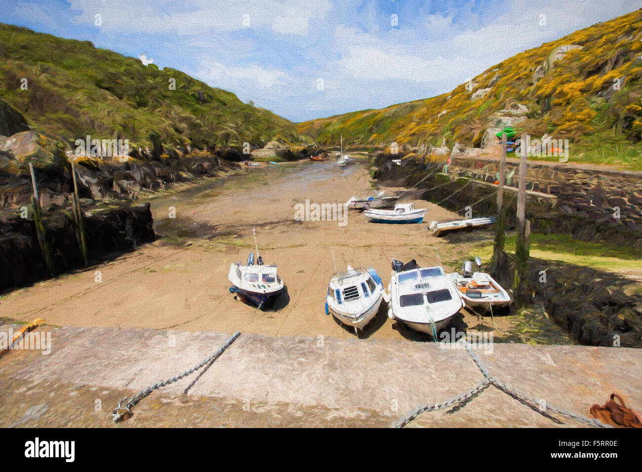 Boats in Porthclais harbour St Davids Pembrokeshire West Wales UK at low tide illustration like oil painting Stock Photo