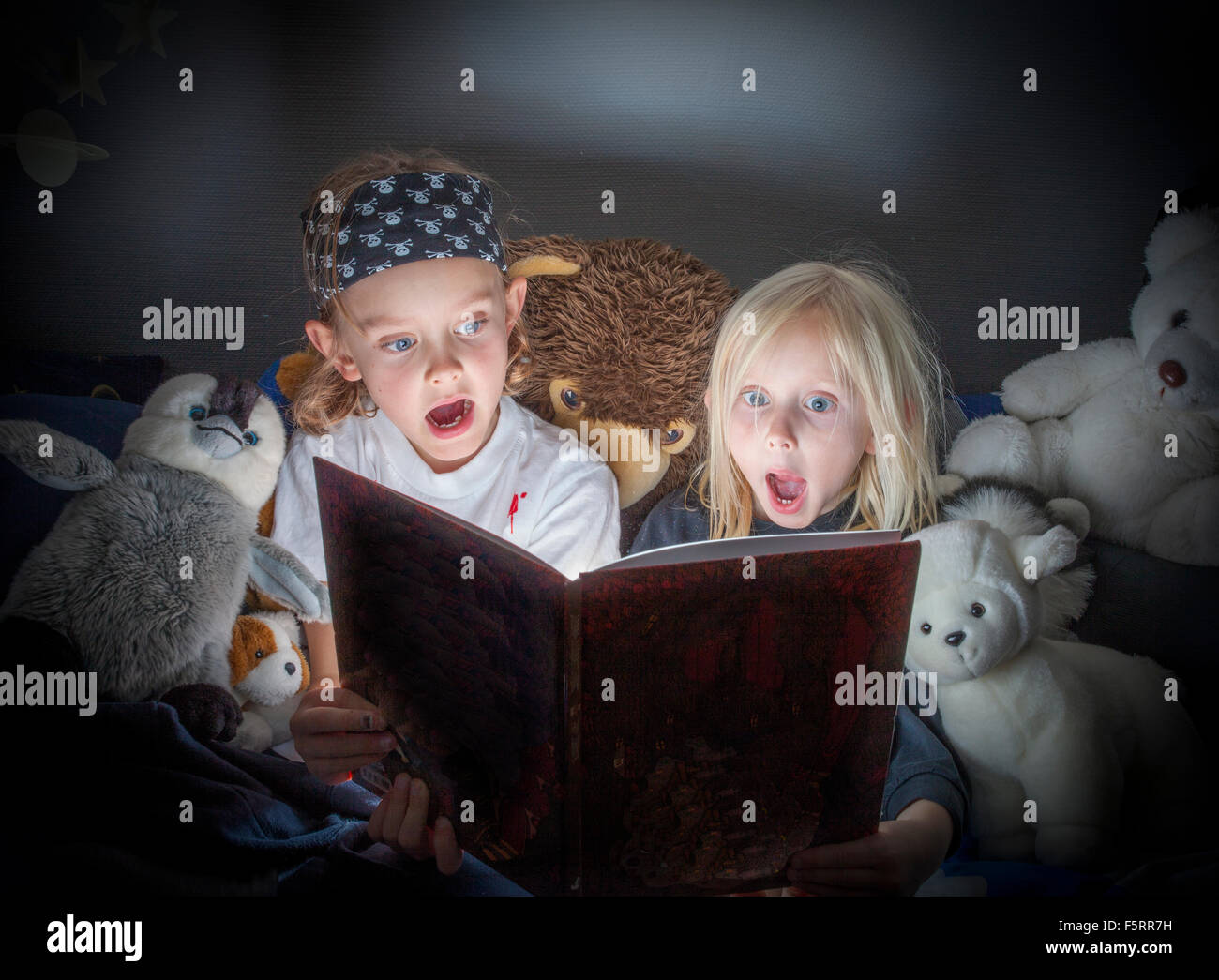 Sweden, Vastergotland, Lerum, Siblings (6-7, 8-9) reading book in bed Stock Photo