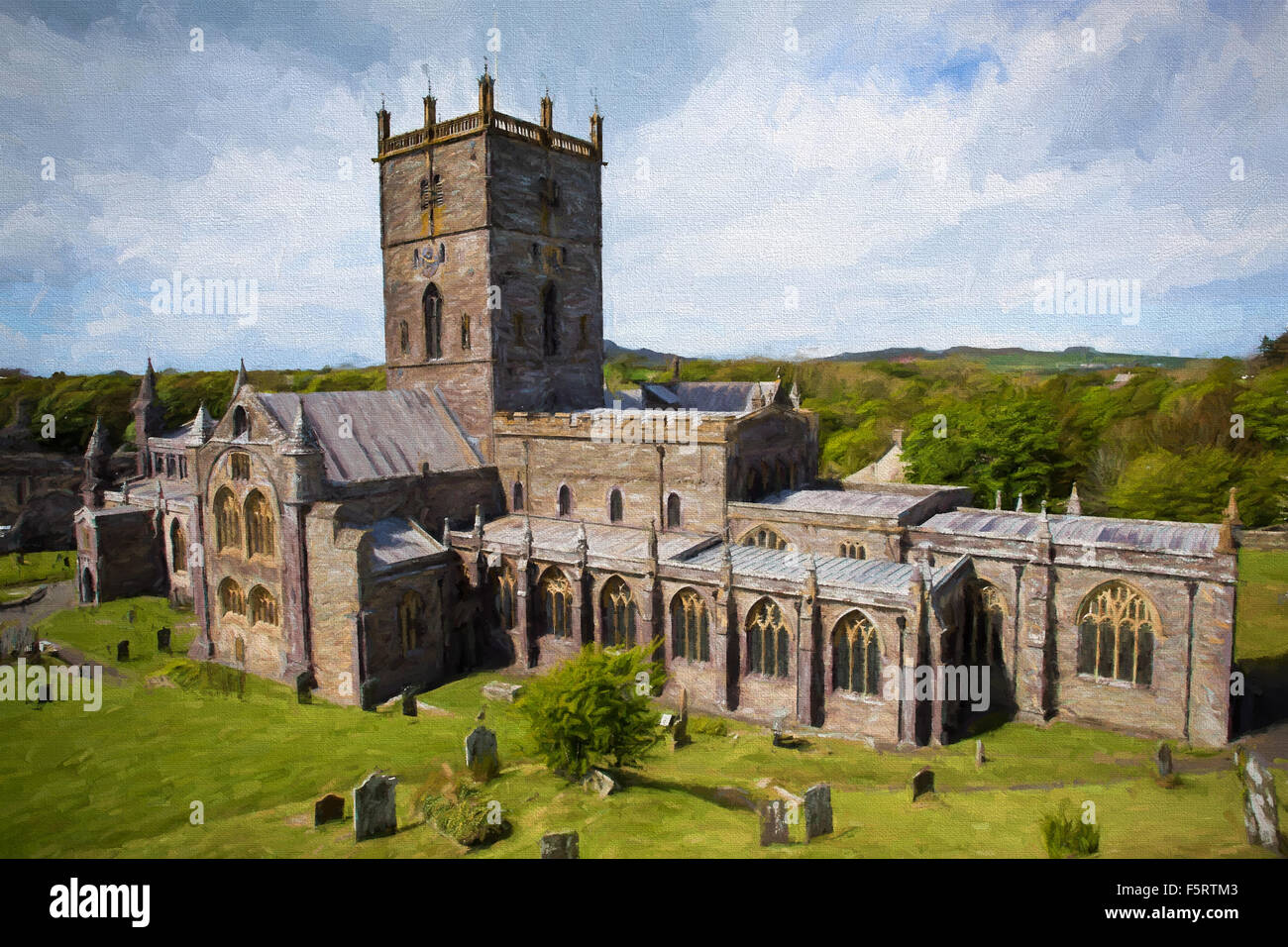 St Davids Cathedral in St Davids City Pembrokeshire Wales illustration like oil painting Stock Photo
