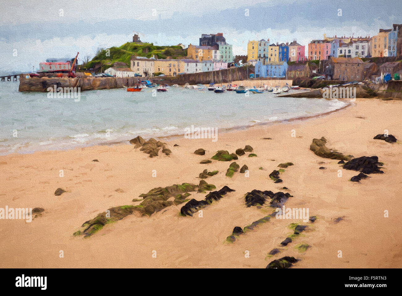 Tenby beach and town Pembrokeshire Wales uk illustration like oil painting Stock Photo