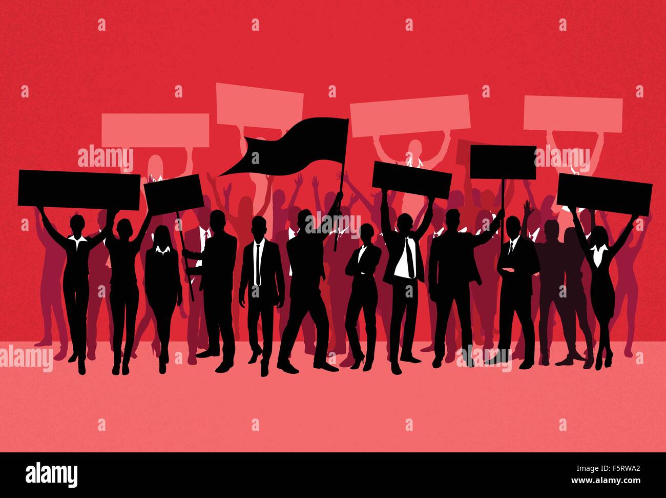 Protest People Crowd Silhouette Over Red Background Stock Vector