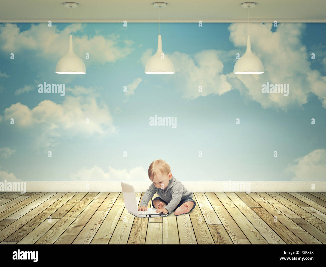 little kid with pc and abstract 3d indoor Stock Photo