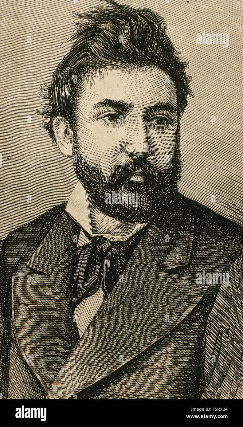 Tomas Padro Peret (1840-1877). Spanish artist. Portrait. Engraving by A. Carretero, 1877. Stock Photo