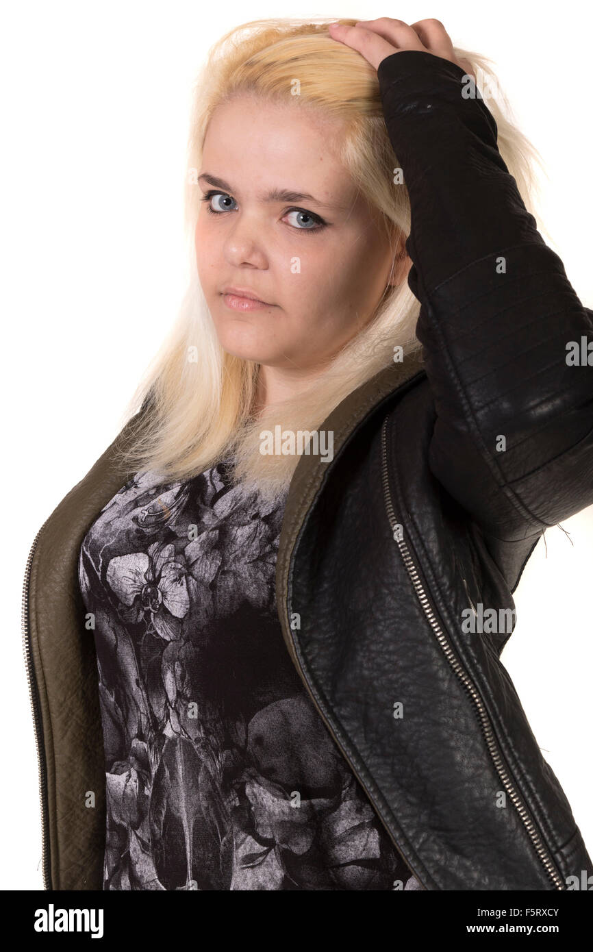 Teenage girl in  leather jacket Stock Photo