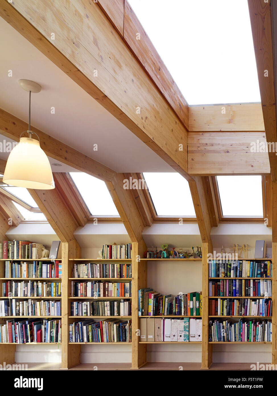 Timber bookshelf and crossbeams with skylights. Wendell Rd, London
