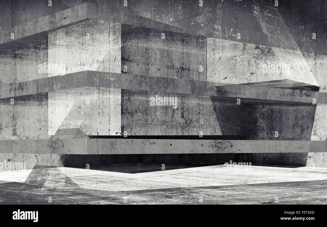 Abstract grungy concrete constructions background with dark chaotic structures. 3d render illustration Stock Photo