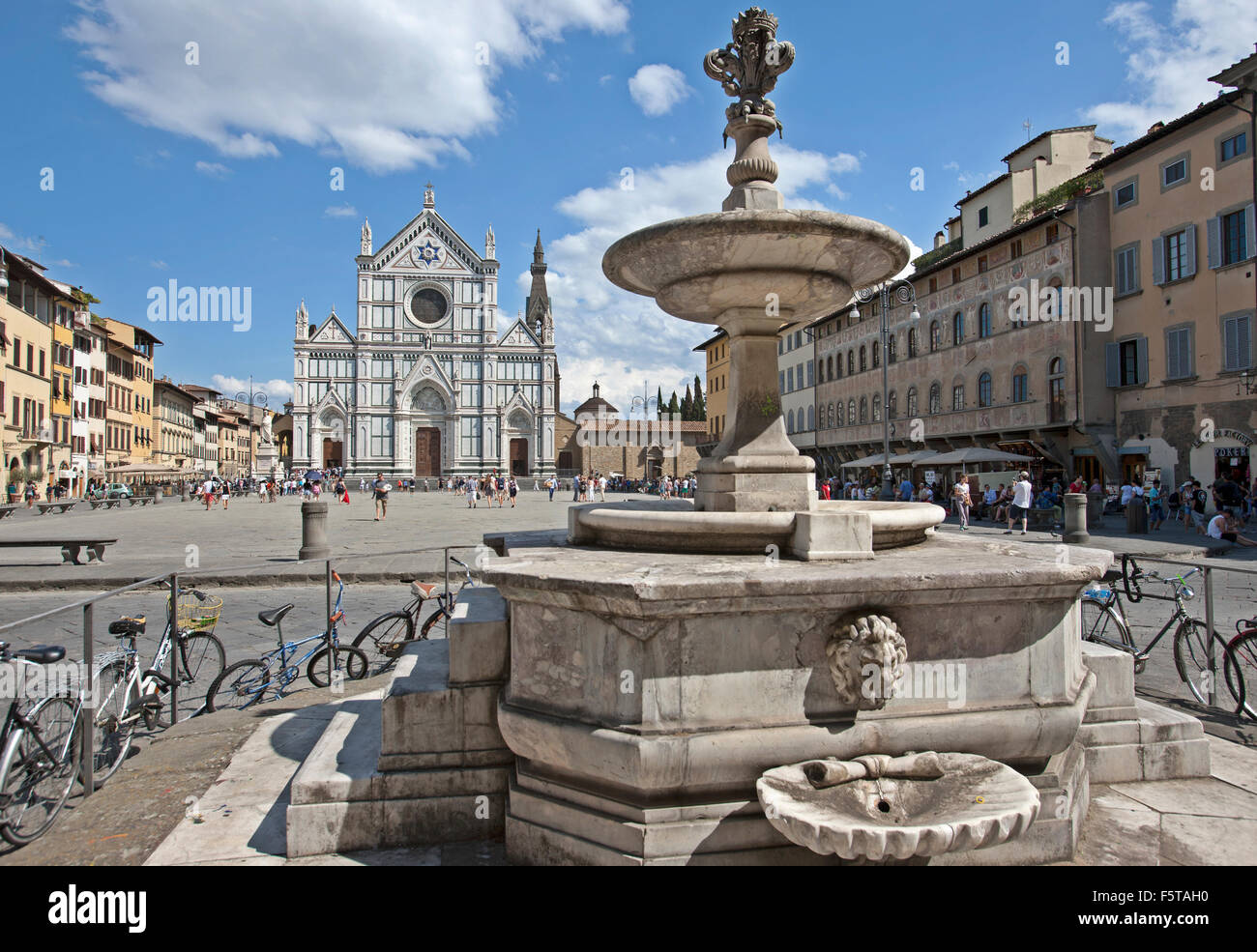 Fountain in Santa Croce square in Florence,Piazza di Santa Croce square Church of Santa Croce Basilica, Fountain by G Manetti Stock Photo