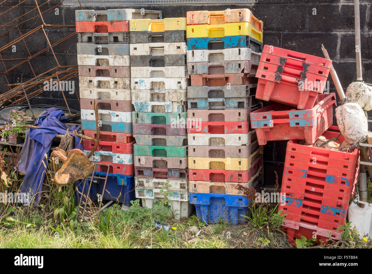 Collection Of Old Fish Trays On The Beach hastings UK Stock Photo