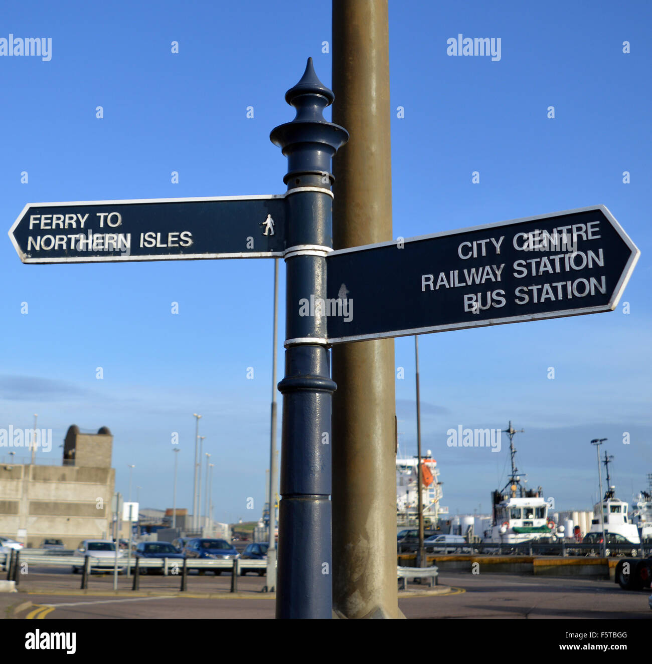 Signpost at Aberdeen Harbour, Scotland, for ferries to Northern Isles, Orkney and Shetland Stock Photo