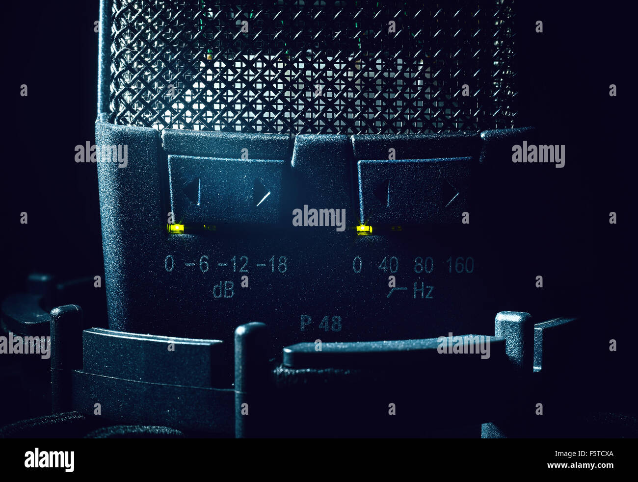 Head details of a microphone, switchers for various frequencies and volume. Stock Photo