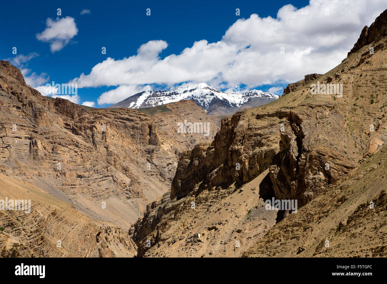 India, Himachal Pradesh, Spiti Valley, Chichim (Chikim), deep rocky gorge of Spiti River tributary, panoramic Stock Photo