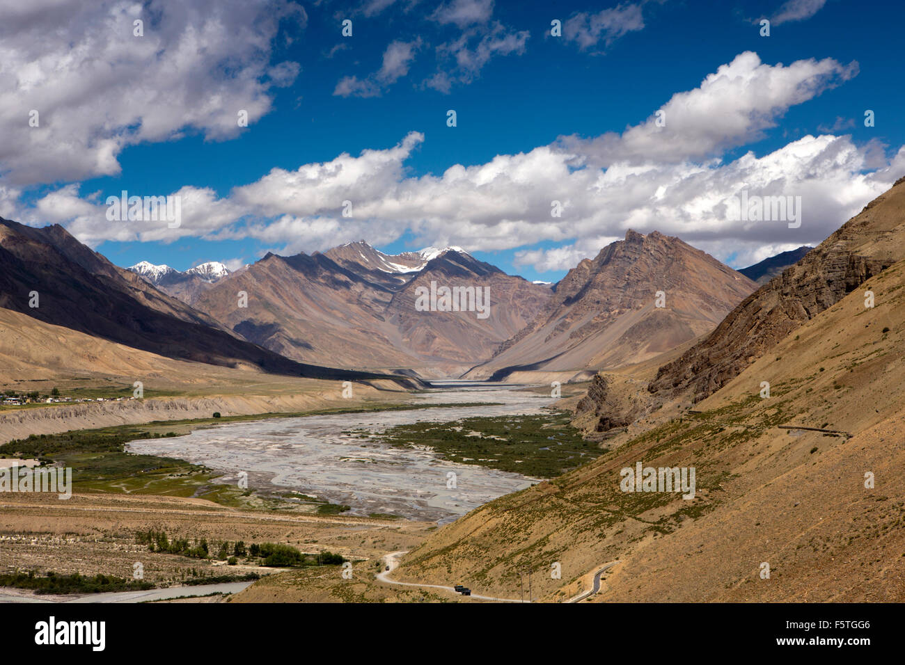 India, Himachal Pradesh, Spiti Valley, elevated view of river and surrounding mountains Stock Photo