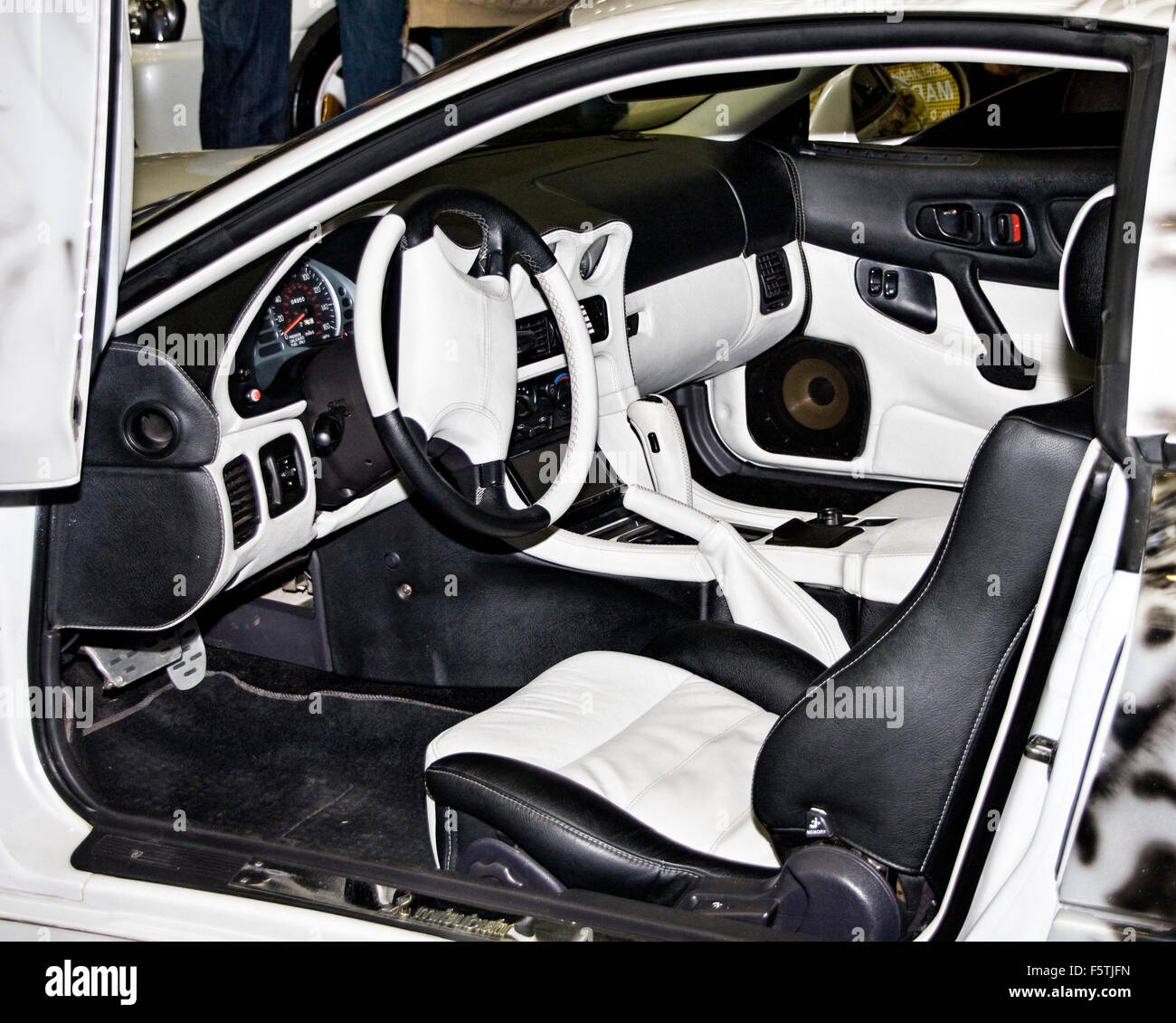 Car interior. Black and white salon Stock Photo Alamy