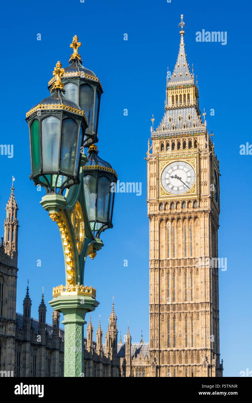 Big Ben clock tower above the Palace of Westminster and houses of Parliament City of London England UK GB EU Europe Stock Photo