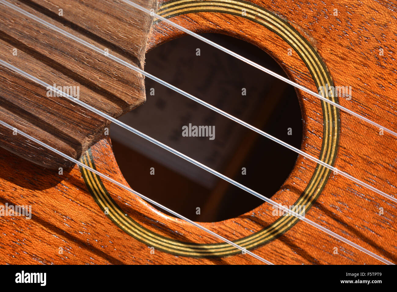 Detail of fluorocarbon strings over sound hole and rosette on a soprano  ukulele Stock Photo - Alamy