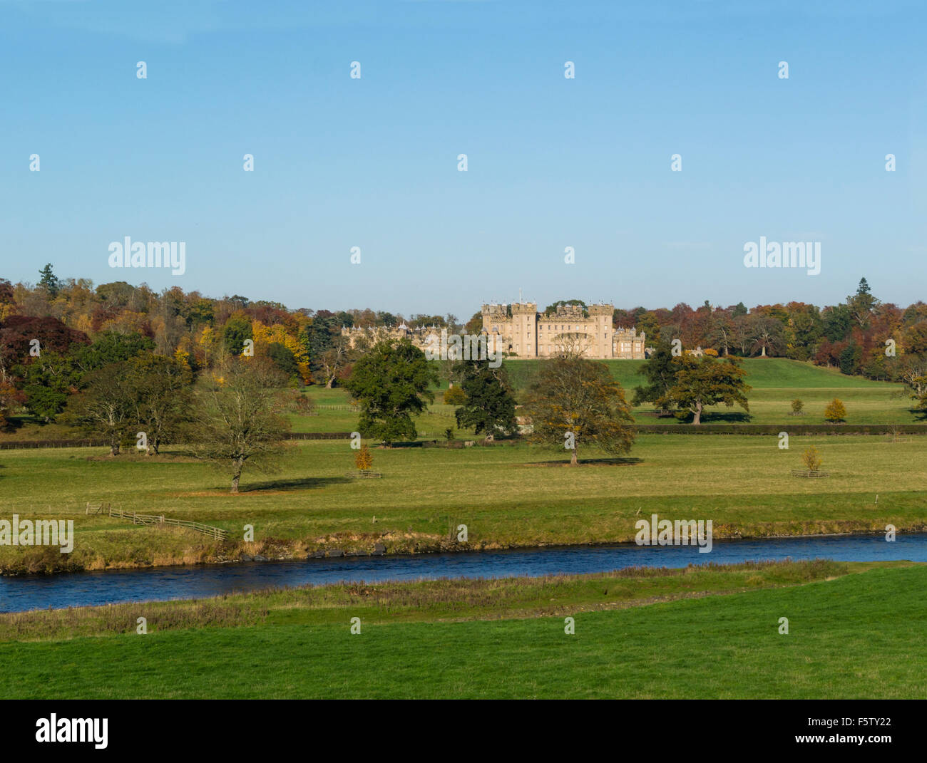 View across River Tweed to historic architecture landmark building ...