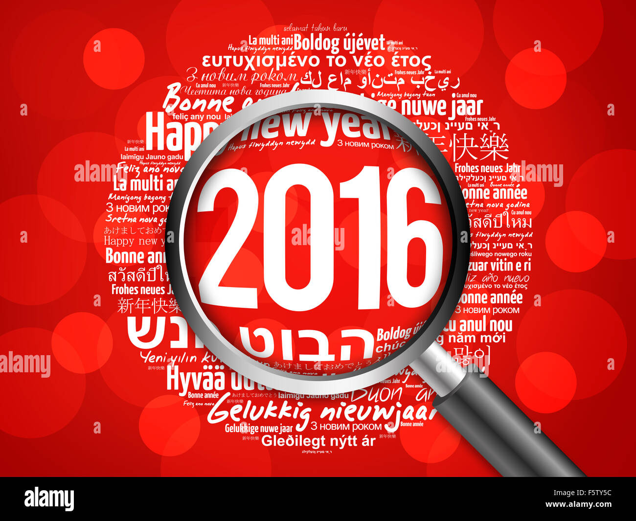 2016 Happy New Year in different languages, celebration word cloud greeting card with magnifying glass Stock Photo