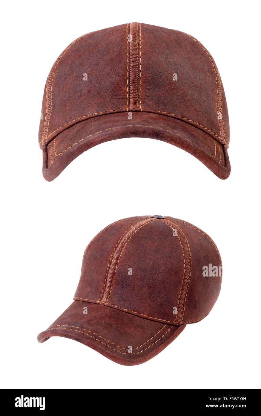 Brown leather baseball caps isolated on white background Stock Photo