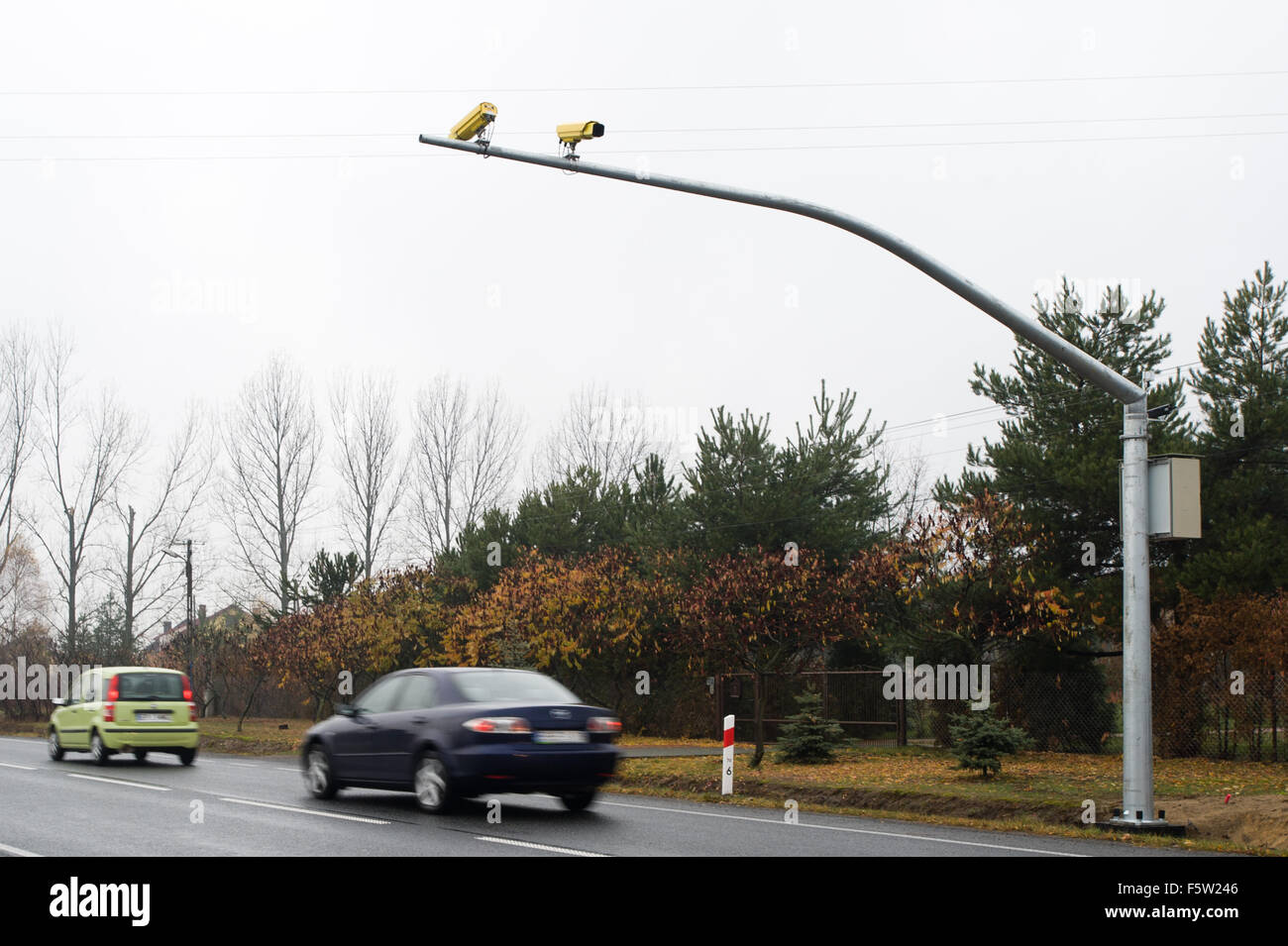 Kluki, Poland. 9th November 2015. Average speed cameras mounted on national road in Kluki, Poland. Credit:  Marcin Rozpedowski/Alamy Live News Stock Photo