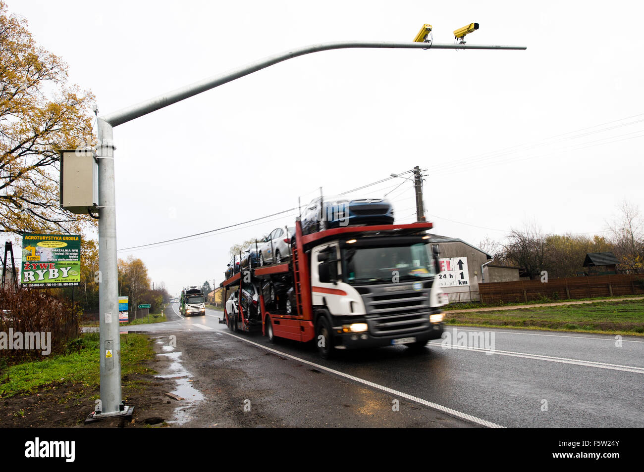 Kluki, Poland. 9th November 2015. Average speed cameras mounted on national road in Kluki, Poland. Credit:  Marcin Rozpedowski/Alamy Live News Stock Photo
