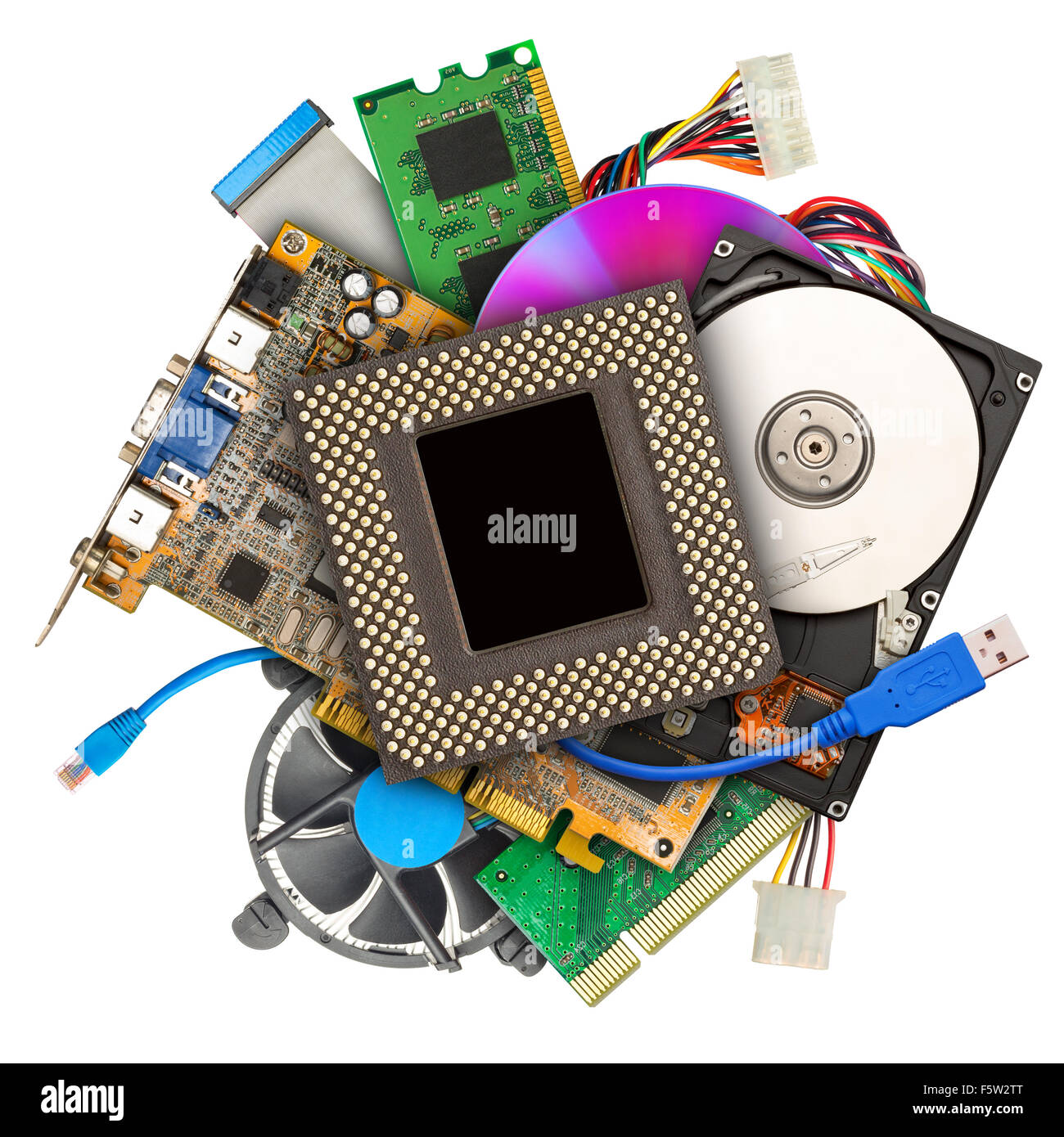 Heap of computer hardware isolated on white Stock Photo